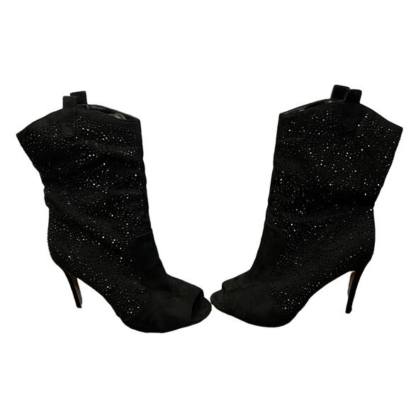 Lauren Lorraine Layla Black Suede Rhinestone Peep Toe Cowboy style Dress Boots - Picture 2 of 9